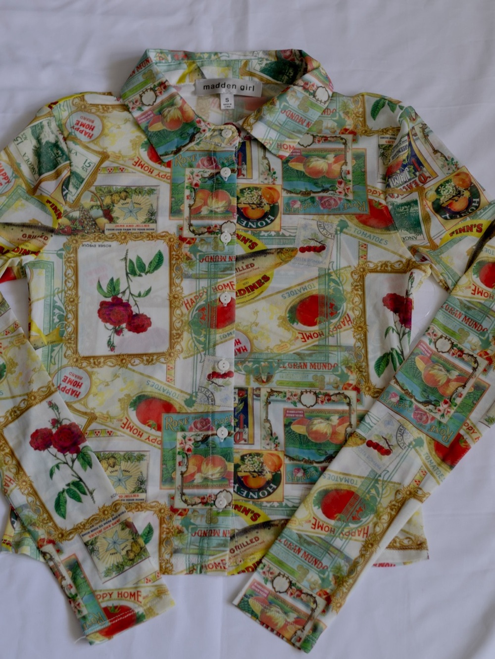 Madden Girl Collage Print Button-Up Shirt - White, Green, Red, Yellow